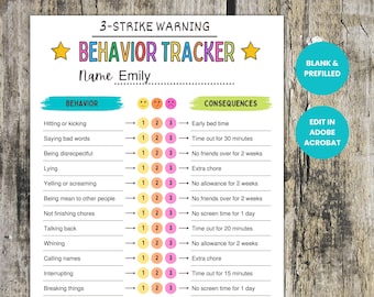 3 Strikes Warning Behavior Chart, Consequence Chart, Editable Kids Behavior Chart, Printable, Kids Behavior Management, Instant Download PDF