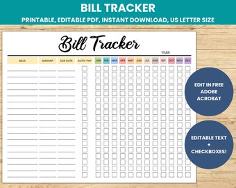 Editable Bill Tracker, Printable Monthly Bill Tracker PDF, Yearly Bill Tracker, Bill Payment Log, Bill Organizer, Subscription Payment