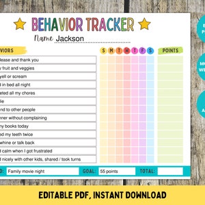 Behavior Chart for Kids, Behavior Reward Chart, Good Behavior Chart, Home, Classroom Behavior Chart for Kids, Printable Editable Digital PDF