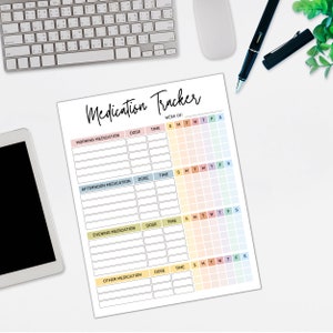 Pu&ograve; includere: Un tracker di farmaci stampabile con un design arcobaleno colorato. Il tracker include sezioni per i farmaci del mattino, del pomeriggio, della sera e altri. Ogni sezione ha colonne per il giorno della settimana, l'ora e il dosaggio.