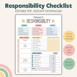 Editable Responsibility Chore Chart for Kids, Printable Kids Daily Routine Checklist, Weekly Schedule, Kids Chore List, Responsibilities PDF