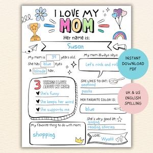 J'aime ma maman à imprimer, tout sur ma mère, questionnaire à remplir, cadeau pour la fête des mères, page à colorier, cadeau d'anniversaire de maman, PDF à imprimer pour cadeau de maman