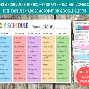 Kids Weekly Planner Printable, Kids Weekly Schedule, Editable Weekly Planner, Homeschool Planner, Weekly Calendar, Weekly Plan Chart, PDF