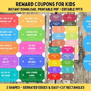 Reward Coupons for Kids, Printable Kids Reward Tickets, 40 Colors, Blank DIY Coupons, Classroom Tickets, Editable Coupons, PDF + PPTX