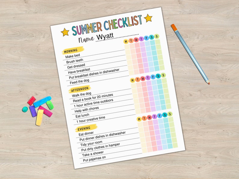 Printable Summer Checklist for Kids, Editable Kids Responsibility Chart ...