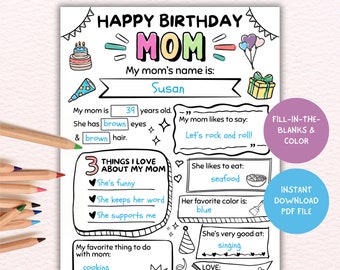 Joyeux anniversaire maman, carte d'anniversaire maman à imprimer, coloriage maman, souvenir maman imprimable, remplir le questionnaire, cadeau DIY pour maman, PDF