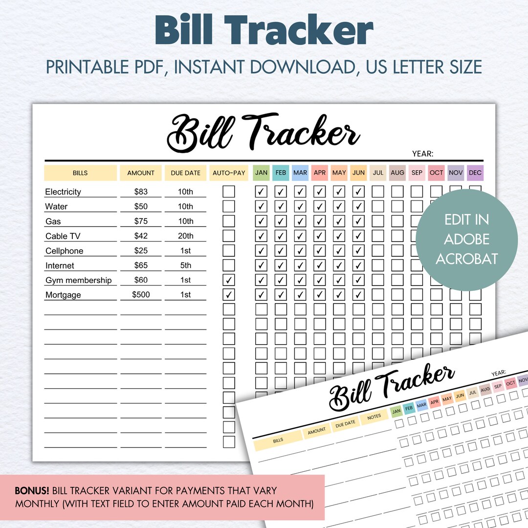 Monthly Bill Tracker, Printable Monthly Bill Payment Tracker, Editable ...