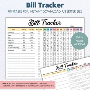 Monthly Bill Tracker, Printable Monthly Bill Payment Tracker, Editable Bill Planner, Bill Log, Bill Payment Log, Subscription Payment, PDF