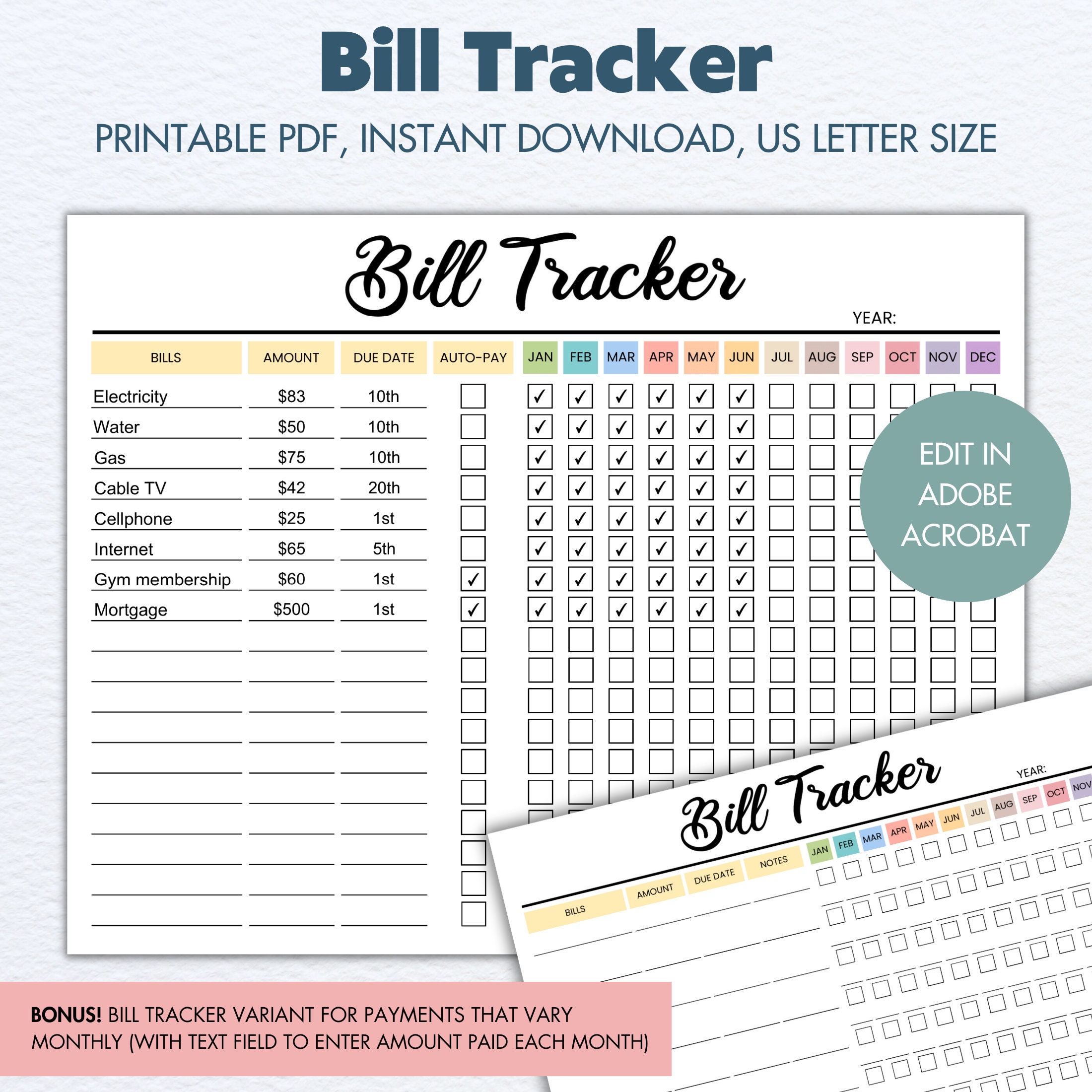Monthly Bill Tracker, Printable Monthly Bill Payment Tracker, Editable ...