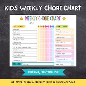 Editable Chore Chart for Kids, Printable Kids Chore List, Kids Daily Weekly Responsibility Chart, Kids Daily Routine Checklist, PDF