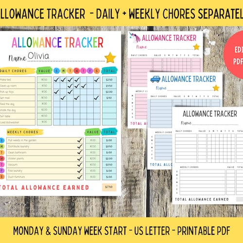 Allowance Tracker for Kids Printable Allowance Chore Chart - Etsy