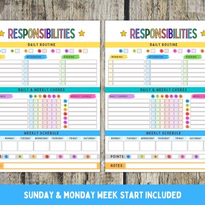 Pu&ograve; includere: Due tabelle di compiti stampabili con bordi e intestazioni colorati. Le tabelle sono suddivise in sezioni per la routine quotidiana, i compiti quotidiani e settimanali e un programma settimanale. Ogni sezione ha spazi vuoti per scrivere i compiti e un sistema di punti.