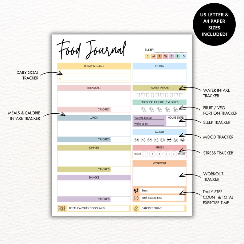 Daily Food Journal: Printable Calorie Tracker (A4, US Letter) - Etsy