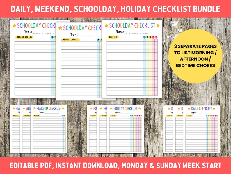 Printable Kids Checklists Daily, Weekend, Holiday, Schoolday Checklist ...
