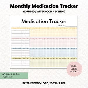 Monthly Medication Schedule, Boho Colors, Printable Medication Tracker, Medicine Intake, Supplement Tracker, Medication Log, Editable PDF