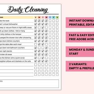 Editable Daily Cleaning Planner: Weekly Schedule (Digital PDF)