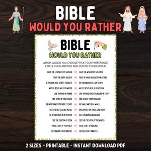 Bible Would You Rather Printable Game, Bible This or That, Fun Christian Church Activity for Youth Group, Sunday School, Women&#39;s Bible Study