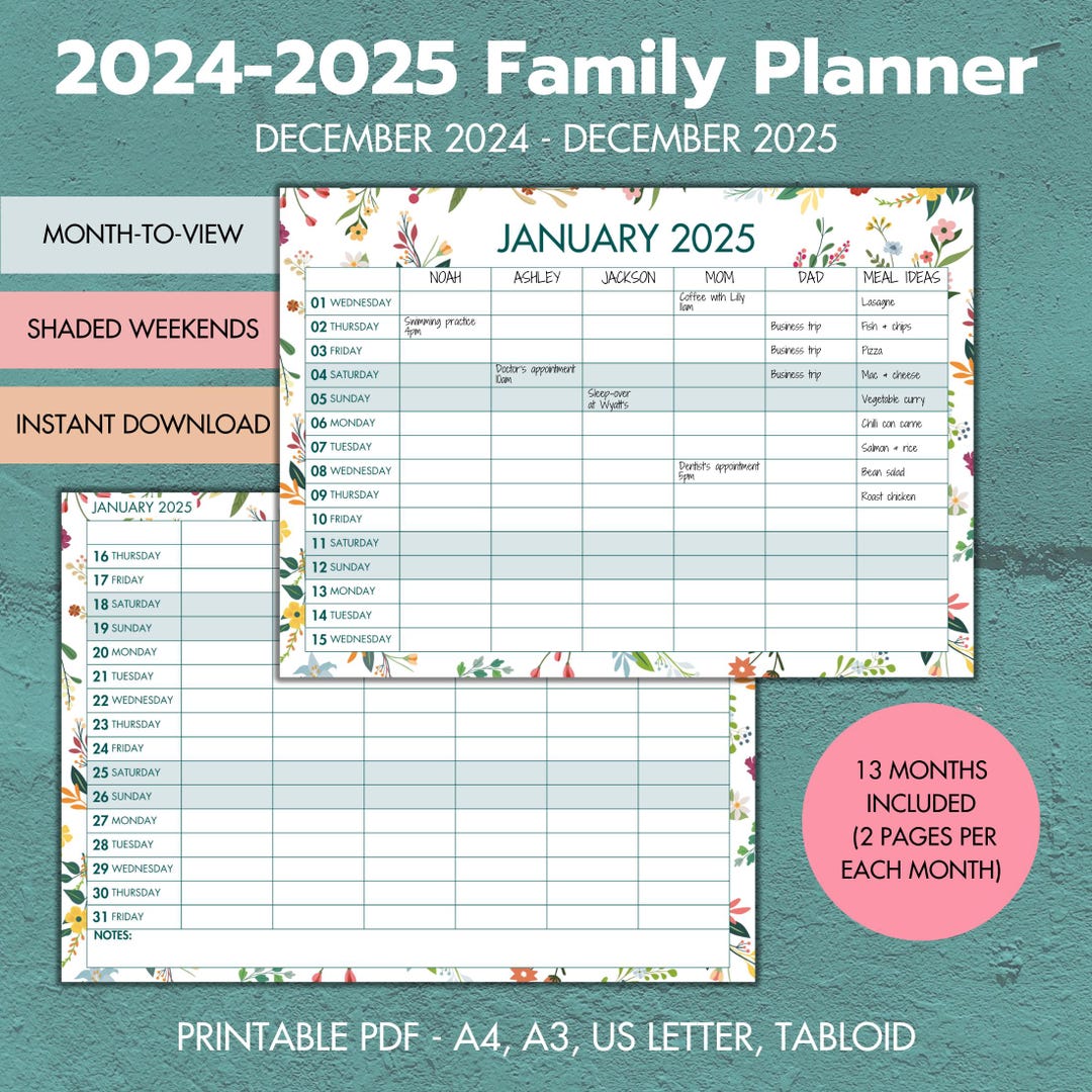 2025 Calendar, Printable Monthly Family Planner, 2025 Wall Calendar ...