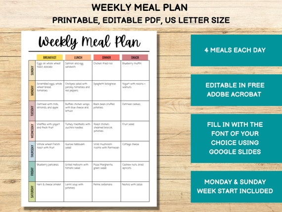 Weekly Meal Planner Printable Editable Meal Planner Meal - Etsy