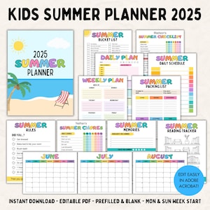 Printable Editable Summer Planner 2025 for Kids, Summer Calendar, Bucket List, Summer Activities, Summer Chore Chart Kids, Daily Schedule