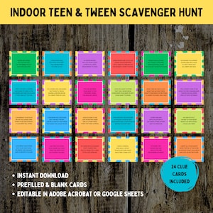 Teen & Tween Treasure Hunt, Editable Indoor Scavenger Hunt for Teens, Printable Birthday Scavenger Hunt Clues, Treasure Hunt, Party Games