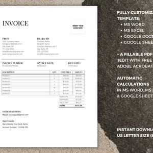 Editable Invoice Template | Word, Excel, Google Sheets, Google Docs Template | Printable PDF Template, Fillable PDF, Customizable Invoice