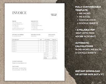 Editable Invoice Template: Word, Excel, Google Docs, PDF (US Letter)