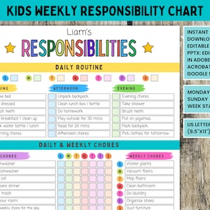 Afdrukbare verantwoordelijkheidstabel, bewerkbare dagelijkse wekelijkse klusjestabel, dagelijkse en wekelijkse routine, dagelijkse checklist, schema voor kinderen, tieners, pdf