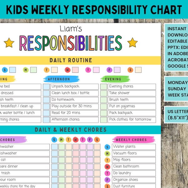 Printable Responsibility Chart, Editable Daily Weekly Chores Chart, Daily & Weekly Routine, Daily Checklist, Schedule for Kids, Teens, PDF