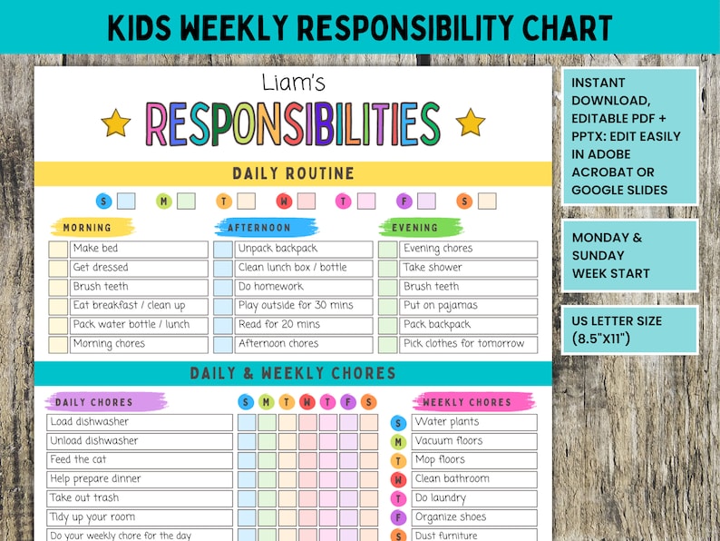 A printable colorful Responsibility Chart for kids is an editable daily & weekly chore chart, daily routine & weekly checklist combined! Can be used for teens, toddlers and preschoolers. Instant download digital PDF.