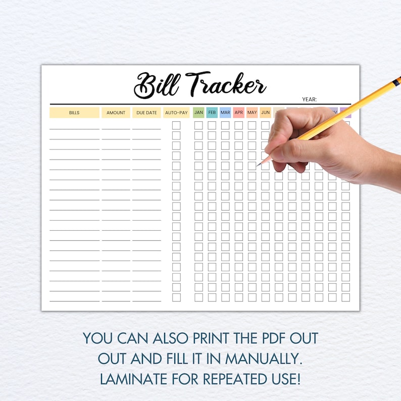 Printable Monthly Bill Tracker: Editable Payment Log (PDF) - Etsy