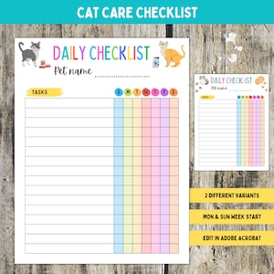 Daily Cat Care Checklist, Printable Pet Care Tracker, Editable Pet Care Planner, Cat Sitter Instructions, Cat Sitting, Pet Care, Digital PDF
