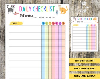 May include: A printable cat care checklist with the text "CAT CARE CHECKLIST" at the top. The checklist includes the text "DAILY CHECKLIST" and "Pet name". The checklist has a rainbow-colored grid for tracking tasks. Two cat illustrations are at the top.