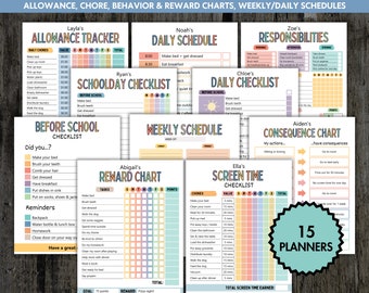 May include: A set of 15 printable chore charts for kids, featuring colorful designs and a variety of tasks, including allowance trackers, daily schedules, screen time checklists, and reward charts. The charts are designed to help children learn responsibility and develop good habits.