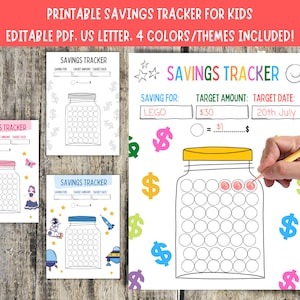 Savings Tracker for Kids, Printable Savings Challenge, Kids Savings Log, Saving Money, Children Fun Budgeting, Editable PDF, 4 Colors/Themes