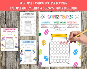Savings Tracker for Kids, Printable Savings Challenge, Kids Savings Log, Saving Money, Children Fun Budgeting, Editable PDF, 4 Colors/Themes