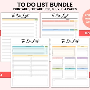 Printable To Do List, Editable Daily, Weekly, Monthly To Do List Bundle, Daily Planner, Productivity Planner, Digital PDF, Instant Download