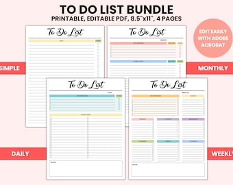 Editable To Do List Bundle: Daily, Weekly, Monthly Planner (Digital PDF)