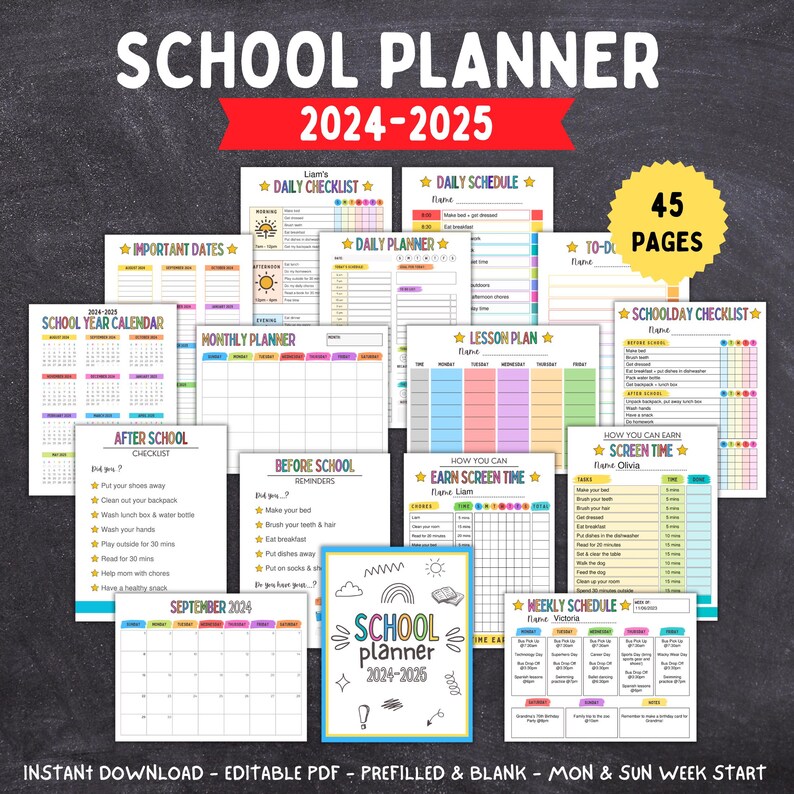 20242025 School Planner, Printable School Organizer, Editable School Year Calendar, Chore Chart