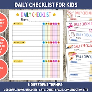 Printable Kids Daily Checklist, Editable Daily To Do List for Kids, Schedule Morning Evening, Daily Routine, Kids Chore Chart, Digital PDF