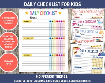 Kids Daily Checklist: Editable Chore Chart, 6 Themes (Digital PDF)