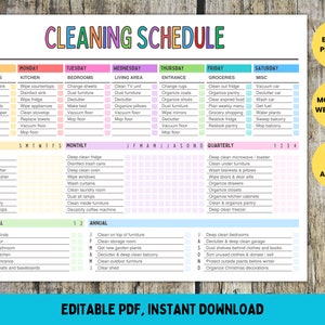 Editable Cleaning Schedule, Printable Cleaning Checklist, ADHD, Cleaning Planner, House Chore List, Weekly, Monthly, Yearly, PDF Template