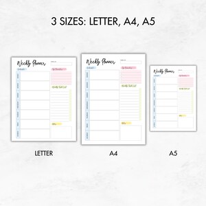 Op de afbeelding: Drie afdrukbare weekplanner-sjablonen in verschillende formaten: Letter, A4 en A5. Elke planner heeft een sectie voor het schema, een sectie voor topprioriteiten, een wekelijkse takenlijst en een sectie voor notities.