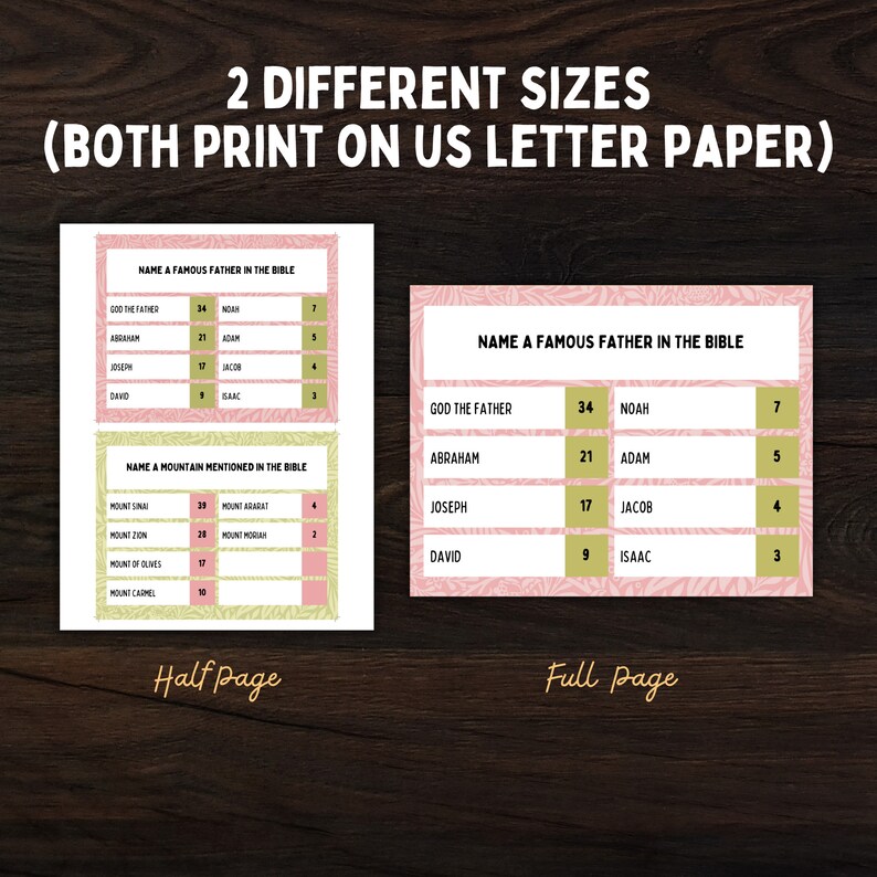 Op de afbeelding: Twee printbare werkbladen om te leren over beroemde vaders in de Bijbel. Het eerste werkblad is een halve pagina en het tweede is een volledige pagina. Beide werkbladen hebben een roze achtergrond met een groen bladmotief en een groene tabel met de namen van de vaders en hun zonen. De tekst "Noem een ​​beroemde vader in de Bijbel" staat bovenaan elk werkblad.