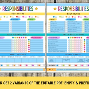 Printable Responsibility Chart, Editable Daily Weekly Chores Chart ...
