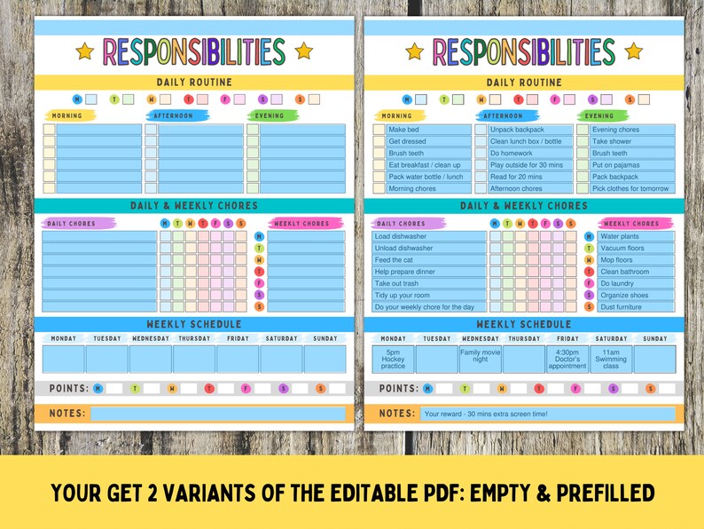 Pu&ograve; includere: Un grafico stampabile con sfondo blu e giallo, intitolato "Responsabilit&agrave;". Il grafico &egrave; diviso in sezioni per la routine quotidiana, i compiti quotidiani e settimanali e un programma settimanale. Il grafico include un elenco di compiti e attivit&agrave; per ogni giorno della settimana. Il grafico &egrave; progettato per aiutare i bambini a imparare la responsabilit&agrave; e sviluppare buone abitudini.