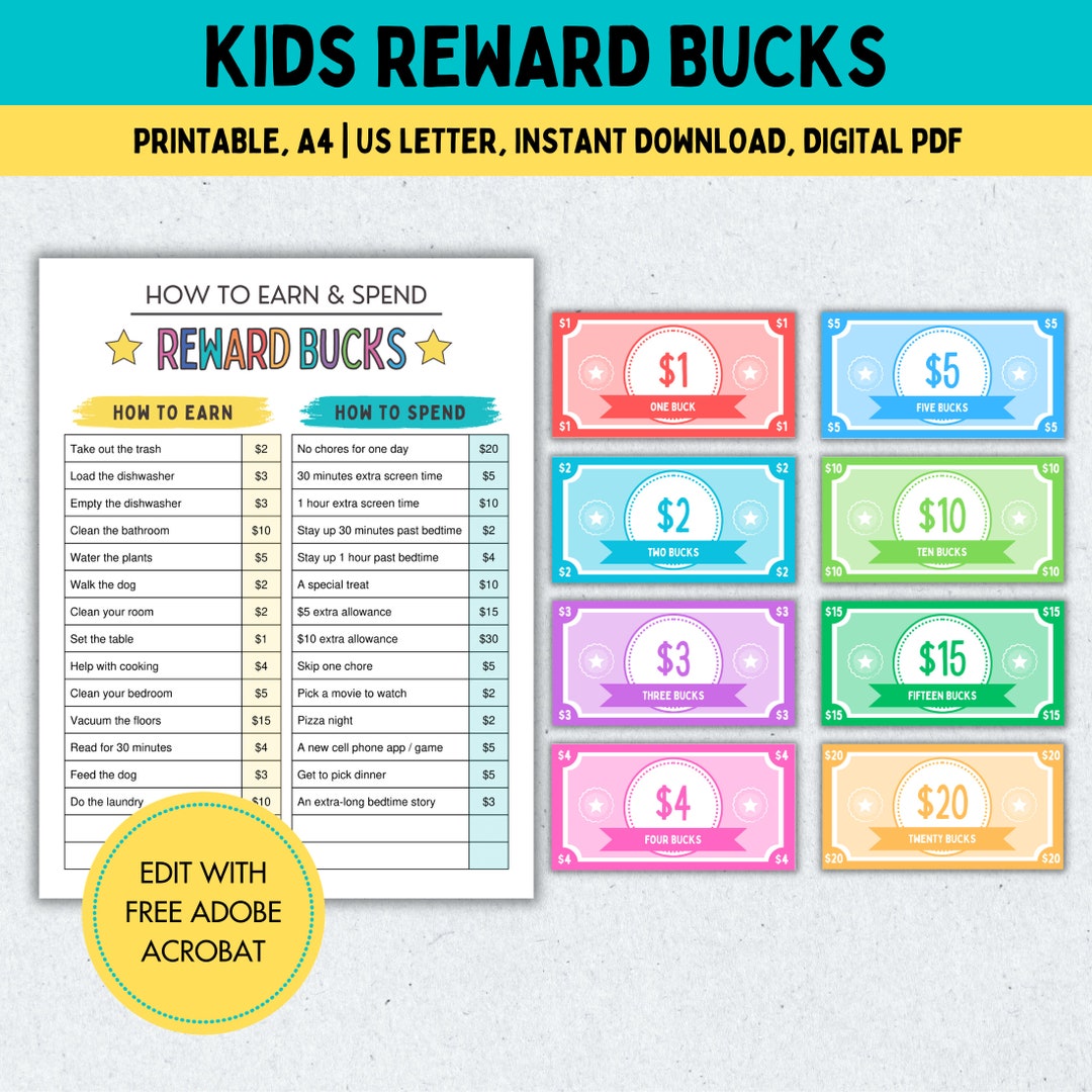 Editable Reward Bucks and Chart for Kids, Reward System for Kids