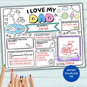 Ich liebe meinen Vater, Vatertagskarte, Geschenk zum Vatertag für Kinder, Bester Vater, Fülle die Lücken, Alles über Vater, PDF für Kinderaktivitäten