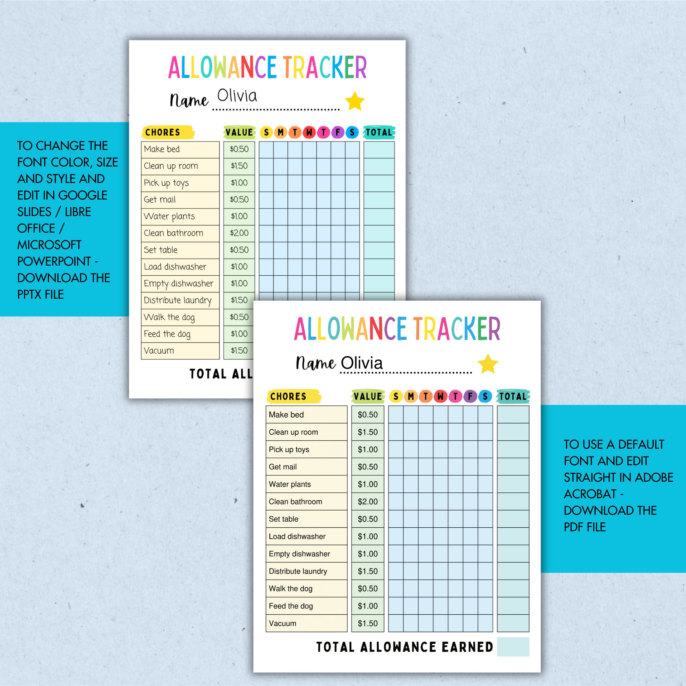 Editable Kids Allowance Chore Chart: Money Reward Tracker (PDF) - Etsy