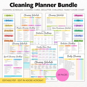 Schoonmaakbundel, ADHD wekelijks, maandelijks, jaarlijkse schoonmaakplanner, gezinskarweigrafiek, afdrukbaar schoonmaakschema, bewerkbare schoonmaakchecklist